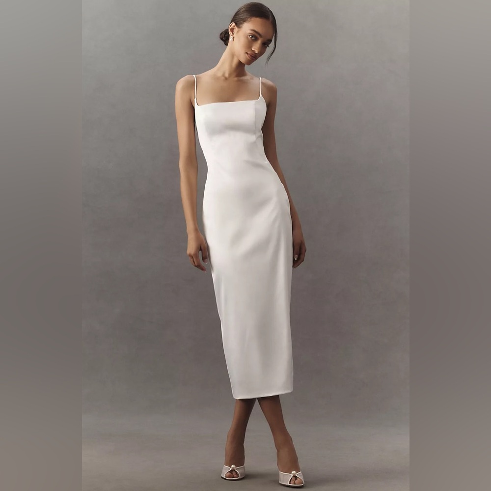 BHLDN Square-Neck Back-Slit Slim Stretch Satin Midi Dress